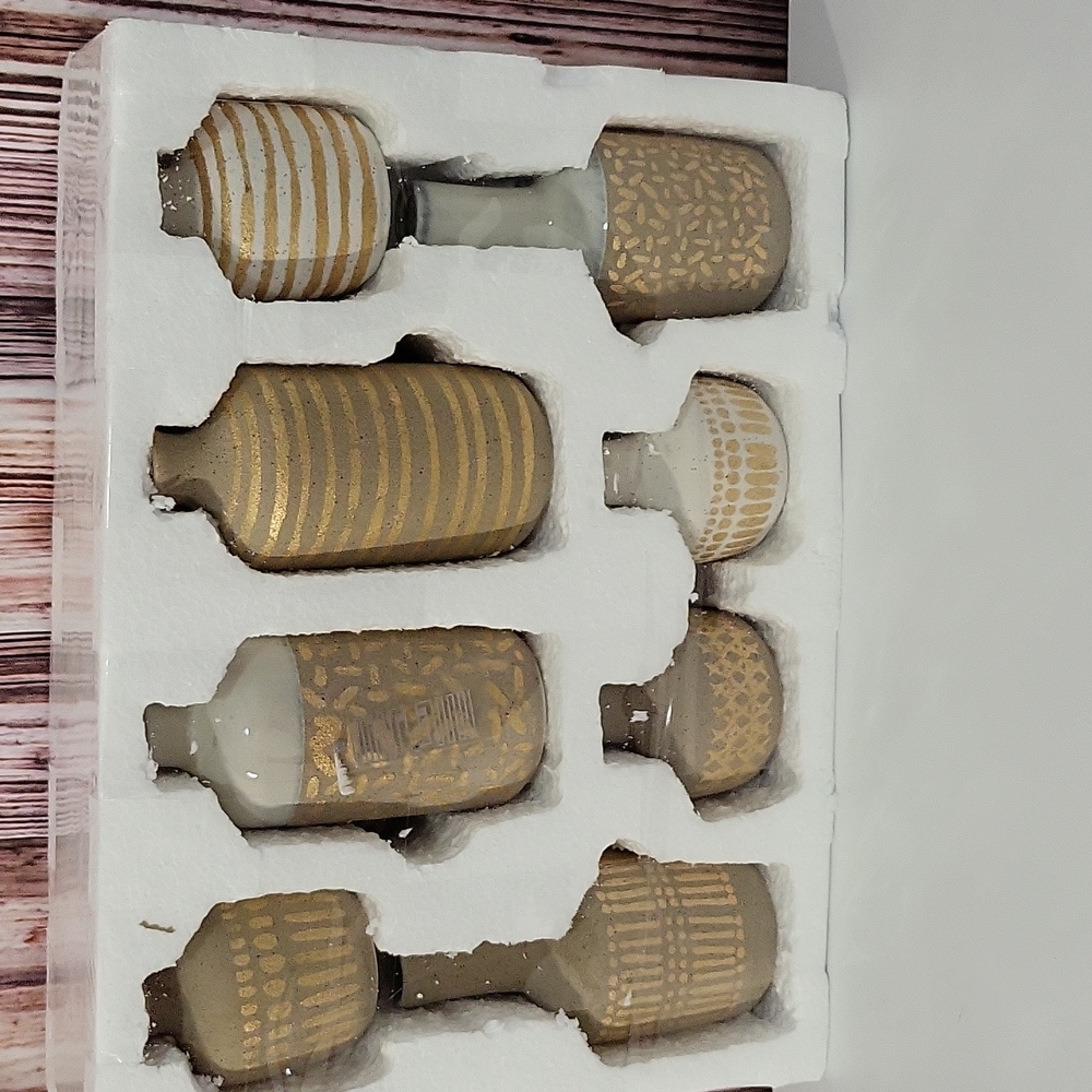 NWOT Main + Mesa Stoneware Vases With Gold Pattern Set Of 8 - Picture 3 of 11